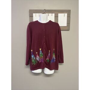 Quacker Factory Women’s Red Cardigan Sequins Tree Embroidered Long Sleeves Large
